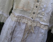 Vintage Kitty... ROMANTIC.. linen and embroidery.. vinage crochet, doilies, lace, roses.. mother of pearl.. shabby chic jacket.. LARGE XL