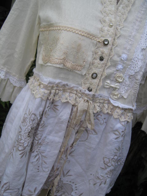 Vintage Kitty... ROMANTIC.. linen and embroidery.. vinage crochet, doilies, lace, roses.. mother of pearl.. shabby chic jacket.. LARGE XL
