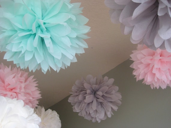 Ice Cream Shoppe - 10 Tissue Paper Pom Poms - First Birthday Decoration Party - Candy Bar Backdrop - Newborn Photograph