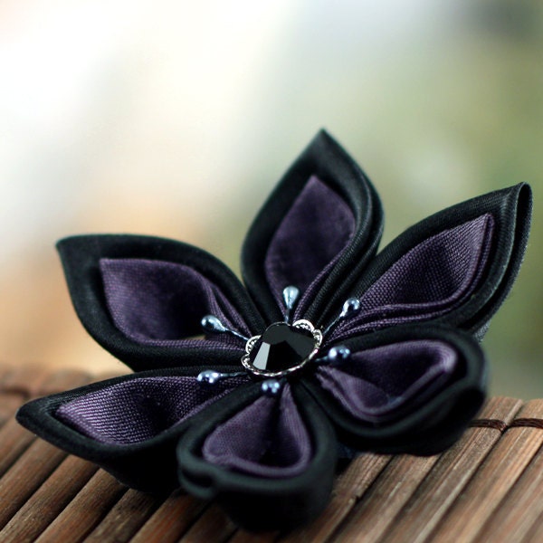Flower Clip: Kanzashi Hair, Purple and Black Silk - Dusky Plum