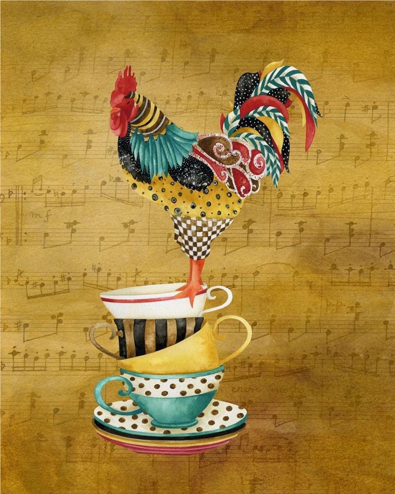 Art Print 8x10. Musical Rooster Pour Me Some Tea
