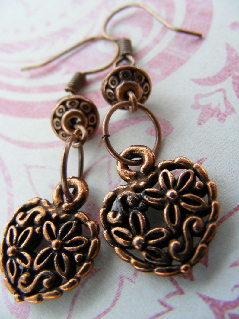 Copper Flower Heart Bouquet Filigree Earring Dangles