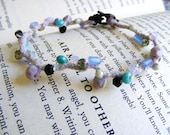 Cotton and Bamboo Woven Beaded Bracelet with Black Crystals, Turquoise, Blue, Lavender, Olive, Mint and Opaque Glass Beads