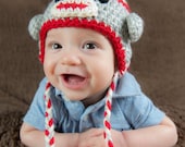 Sock Monkey Earflap Hat  (Grey, Cream, and Red) You choose the size (Newborn/0-3 months, 3-6 months, 6-12 months, 1-3 years)