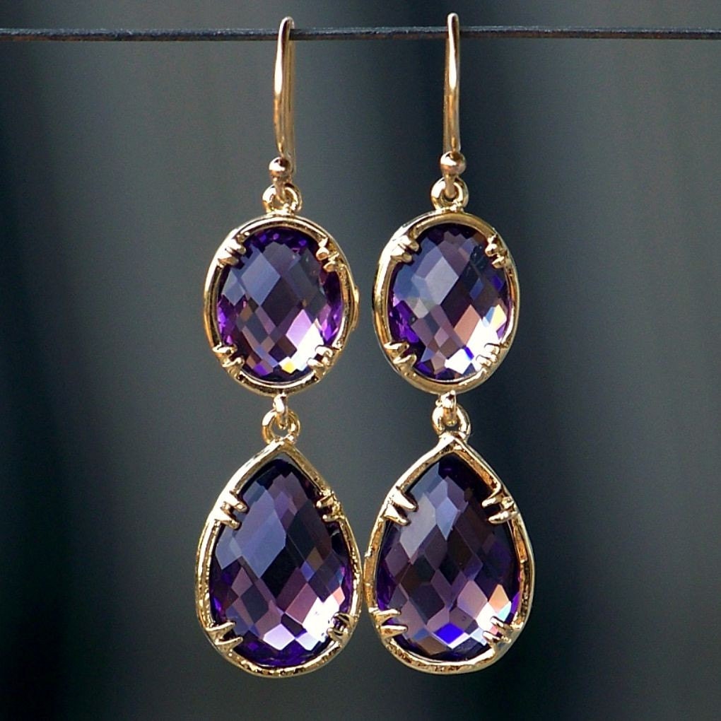 Gold or Silver Framed Amethyst Crystal Oval and Teardrop Dangle Earrings
