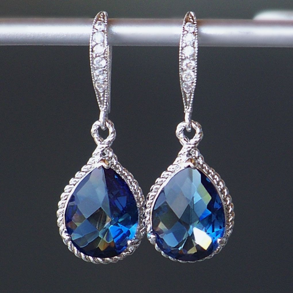 Sapphire Blue Crystal Teardrop Earrings in Silver
