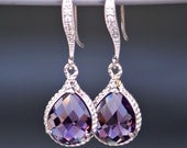 Amethyst Purple Crystal Teardrop Earrings in Silver