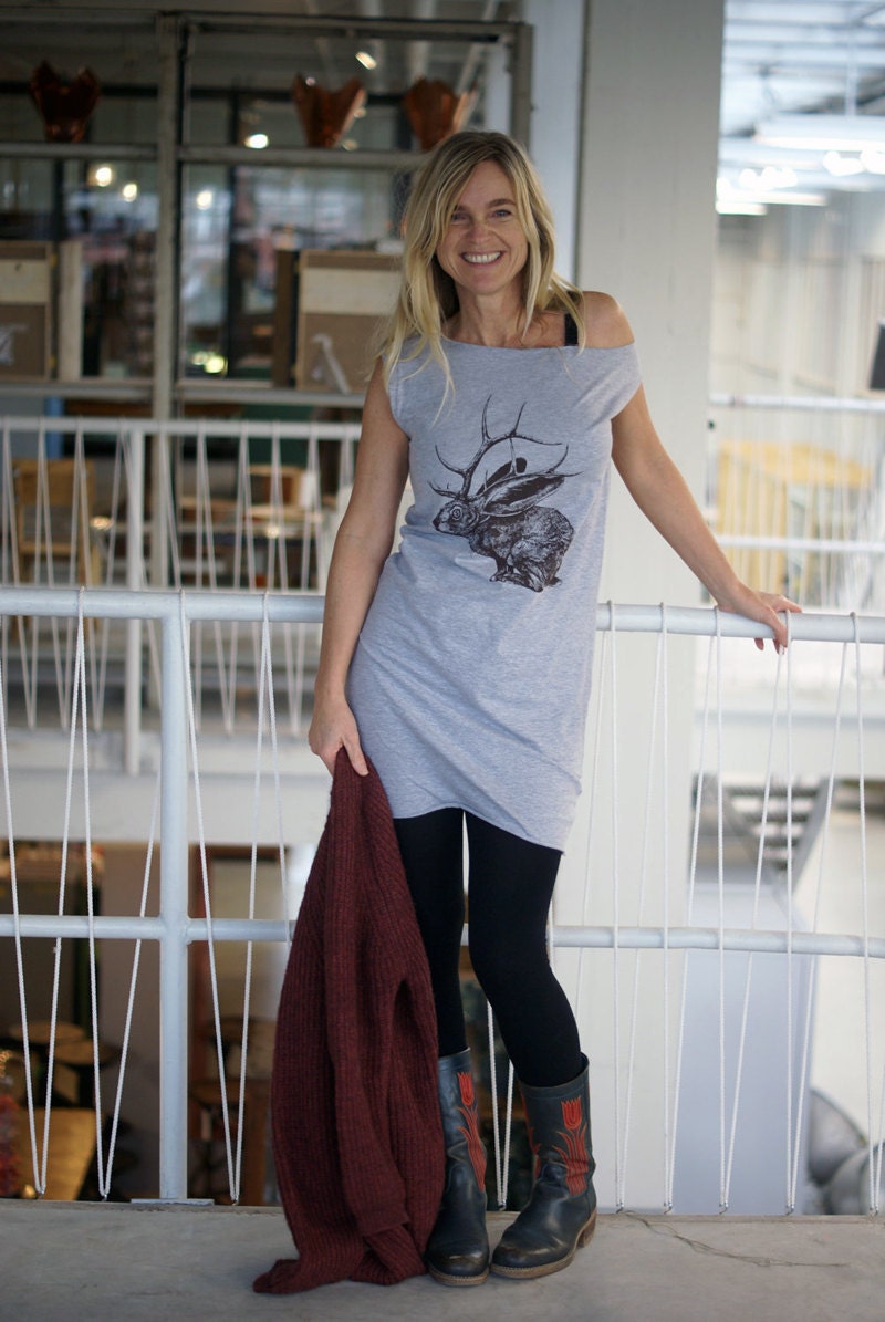 Jelk Jackalope tshirt dress - eco-friendly brown ink screenprint on heather grey cotton - sizes S, M, L