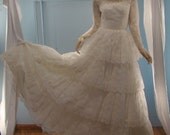 1950's Wedding Dress- Lace, Sequins, & Pearls- Long Sleeves, Ruffles- Rockabilly- Extra Small