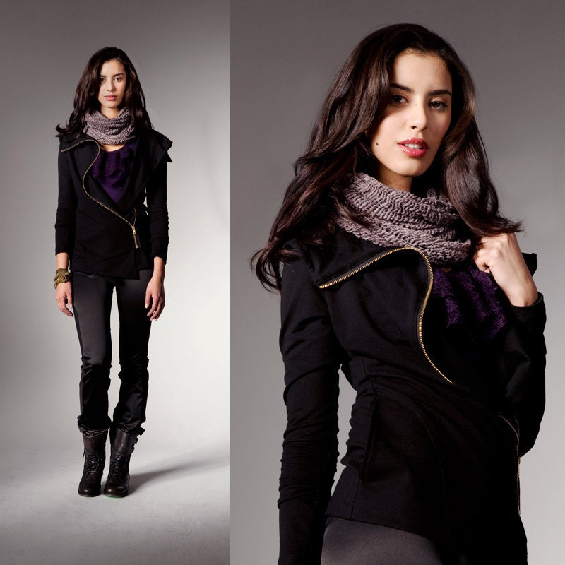 Long, asymmetrical jacket in organic cotton and hemp with oversize collar, pocket - Joan Jacket - military inspired - made to order