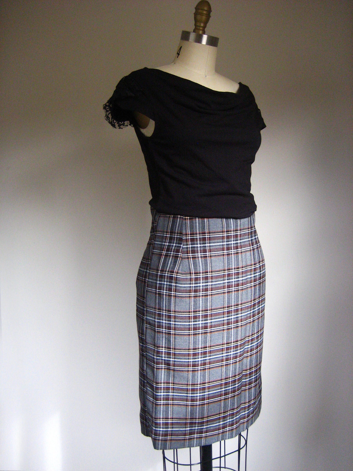 SALE - Plaid Pencil Skirt - ethical fashion - blue and grey plaid - last one, size 6 - ready to ship
