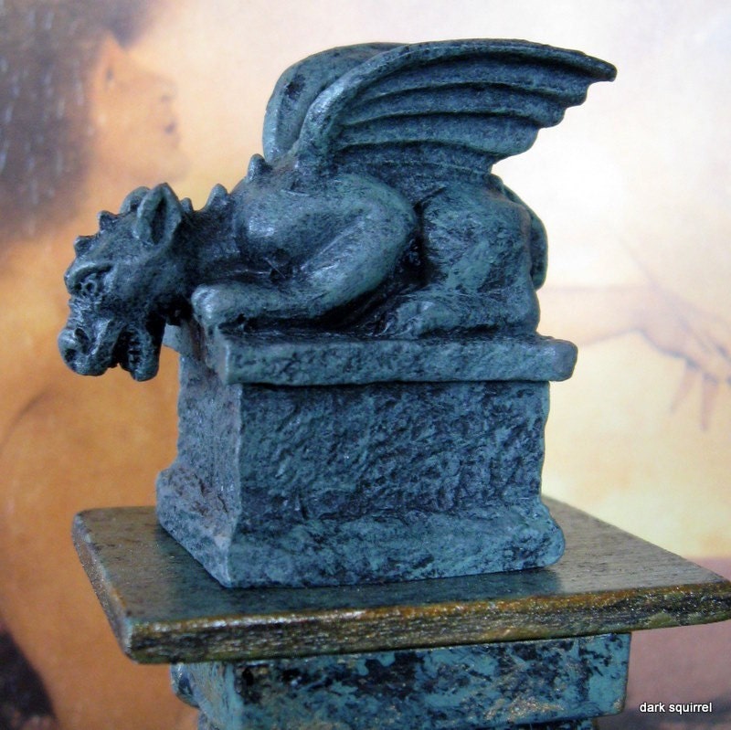 Stone Finish Verdigris Gargoyle dollhouse miniature in one inch scale for Garden, Wizard, Castle