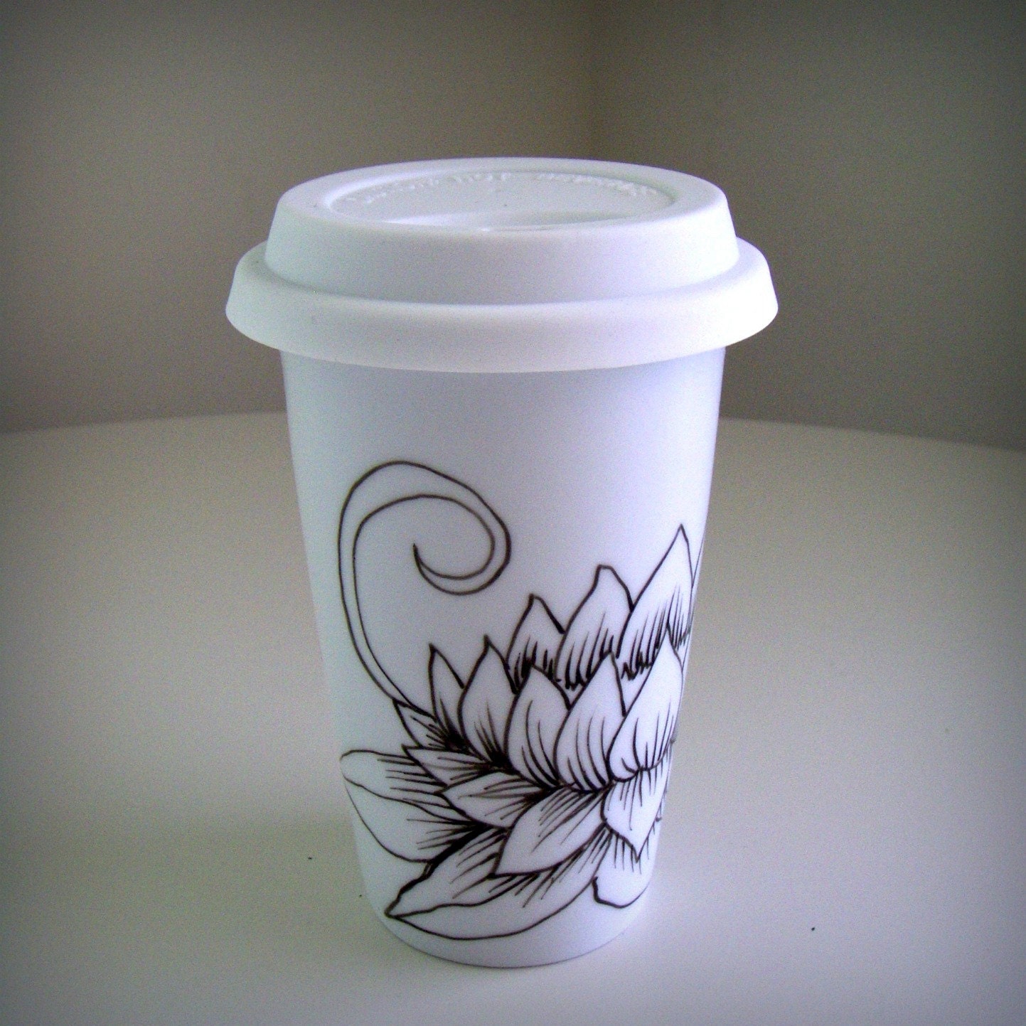 Porcelain Travel Mug Lotus Asian Flowers black white Leaves Folk Art Eco Friendly Modern Painted - READY TO SHIP