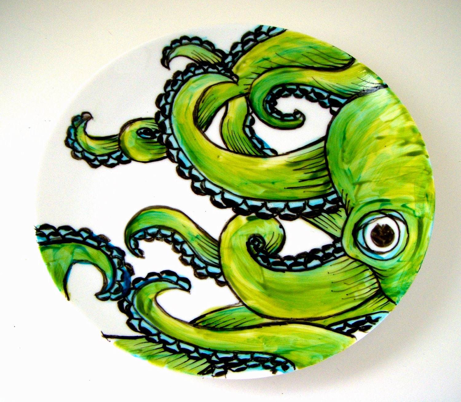 Ceramic Plate Green Octopus Kraken Sea Creature Nautical Decor Hand Painted Tentacles Wall Art Decorative Plate Upcycled
