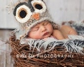 Owl hat 0-3 month brown and gray fuzzy owl hat with earflaps