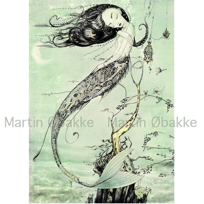 Mermaid Art Print  - Steampunk Art  Print - giclée Fantasy Art Print - Green - Water - Ocean - Fairy Tale Art by the Filigree