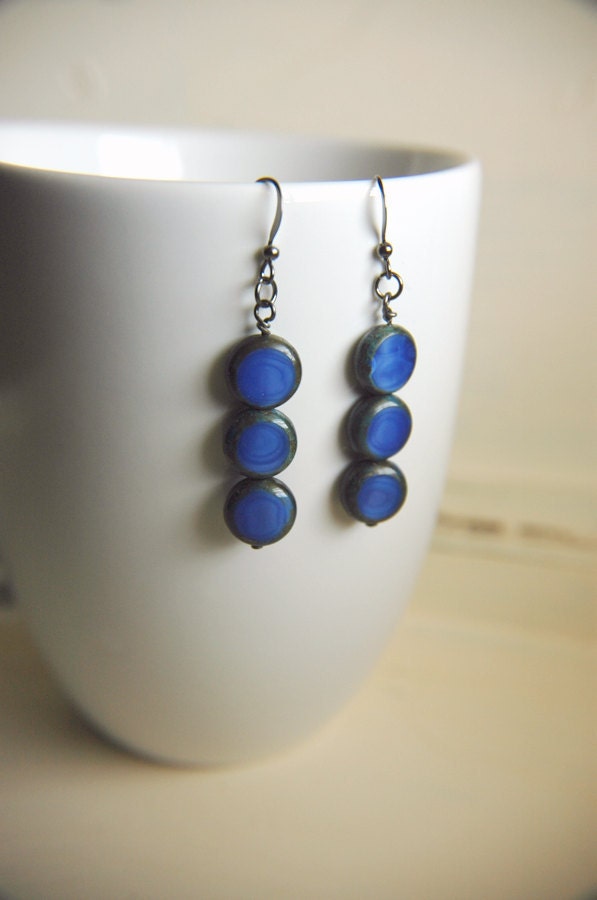 Geometric Cobalt Blue Glass Dangle Earrings - Cobalt