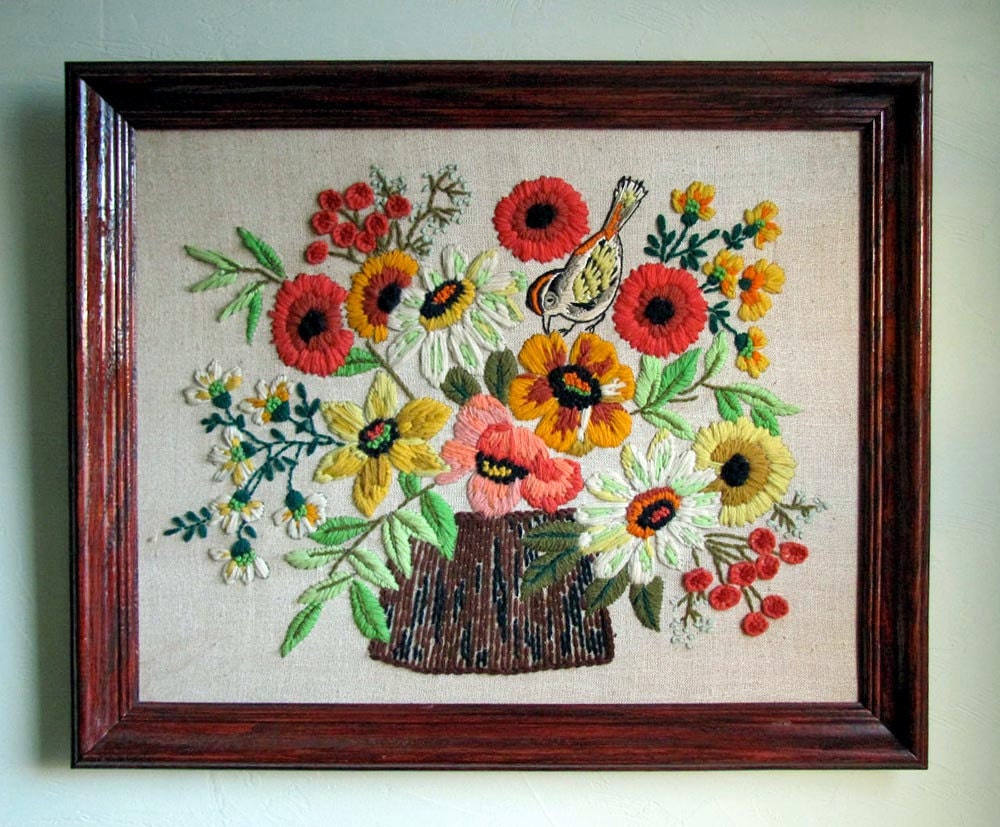SALE 99.00 was 145.00 Framed Handmade Crewel Needlework Embroidery Stitched Basket of Flowers with Bird Gold Red Yellow Orange  Vintage