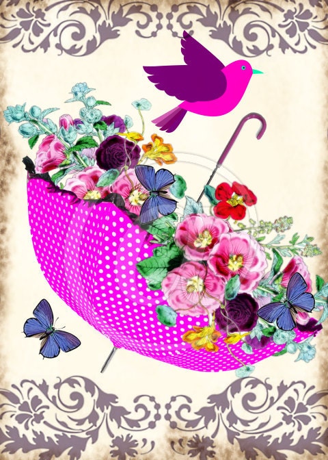 Floral Umbrella 5x7 Digital Collage Sheet - printable art paper supplies scrapbooking greeting cards - U Print