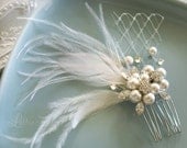 Vintage Wedding Hair Comb, Bridal Hair Comb, Pearl Feather Bridal Hair Comb, Rhinestone Hair Comb, Fascinator, Veil Accessory - Amore