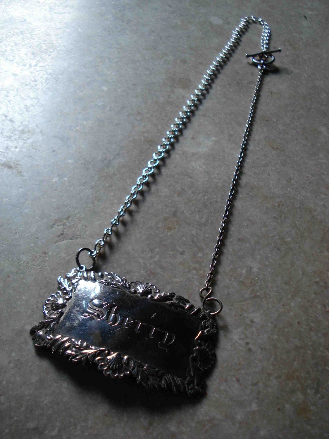 Antique Sterling Silver Liquor Decanter Label "Sherry" Necklace