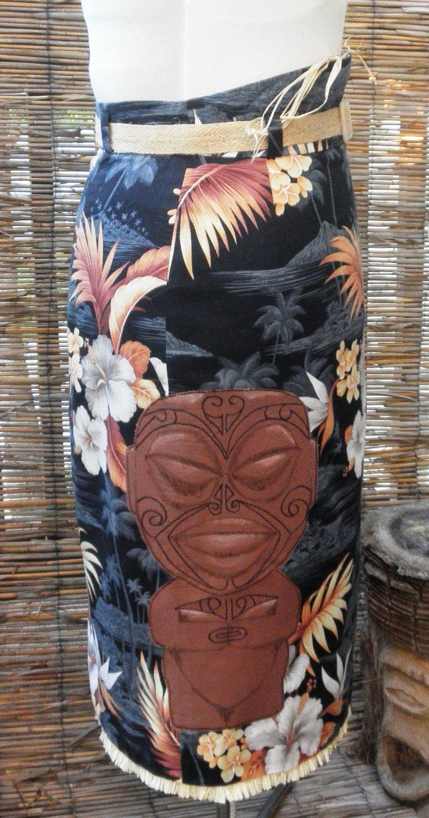 Tangaroa Moku Tiki Pencil Skirt, with hand embroidered tattooed tiki