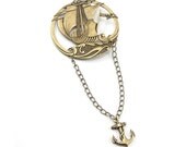 Air Ship Pirate Nautical Brooch - A Mighty Ship - with Hanging Anchor Charm - Antiqued Brass - By Ghostlove