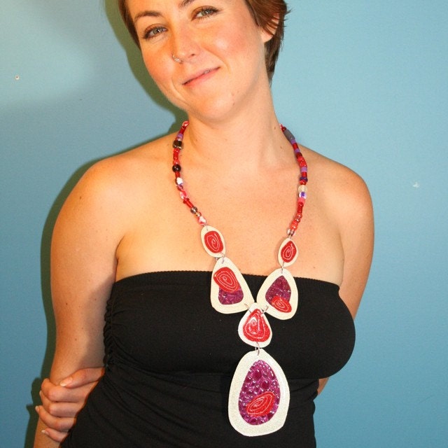 Embroidered Chunky Necklace in Hot Pink, Red, Bright White