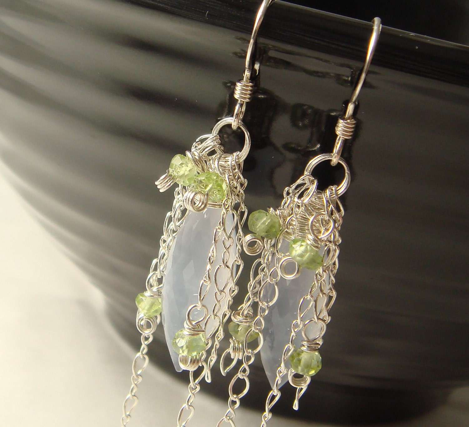 tassle earrings // chalcedony w peridots and chain // august birthstone