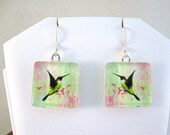 Hummingbird Green Handmade Glass Tile Earrings
