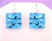 Birds in Tree Silhouette Blue Handmade Glass Tile Earrings