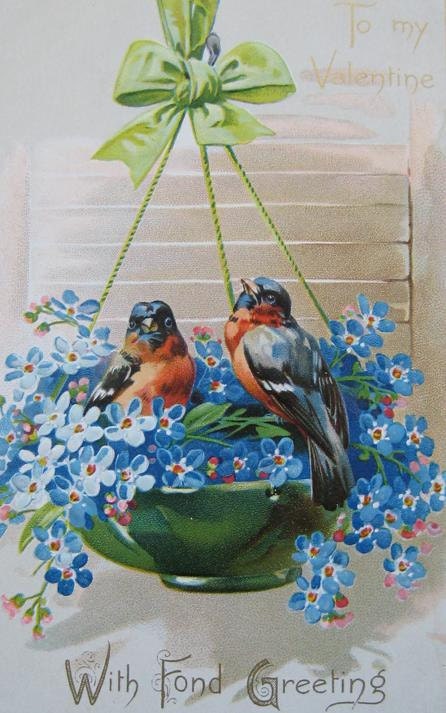 Vintage Valentine Bird Postcard Robins Nest Forget-Me-Nots Framed