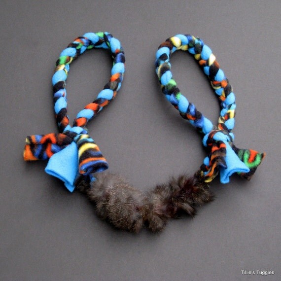 Doublehandled dog tug toy with real rabbit fur by TilliesTuggies