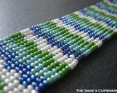 Blue Stripe Bracelet. Handmade Beaded Herringbone Cuff with Blue, Green White and Navy
