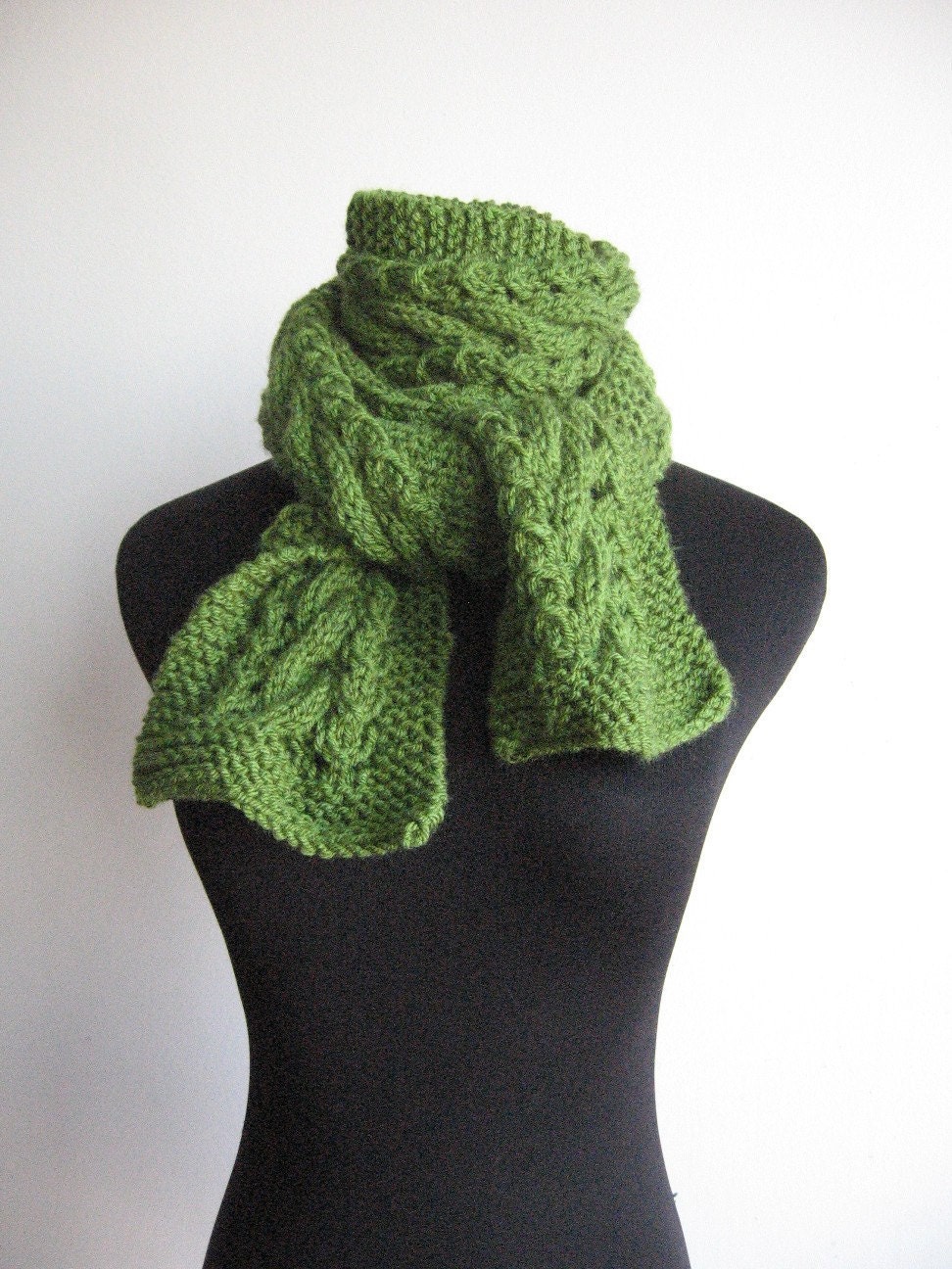 Kelly Green Cable and Lace Vegan Scarf Warm Winter Knitted Scarf Womens Accessories Green Scarf