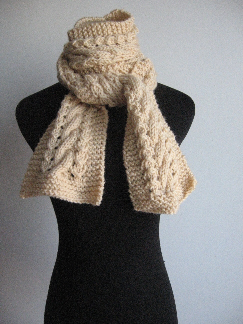 Knit Beige Scarf Cable and Lace Scarf Winter Accessories Knitted Scarf Womens Scarf