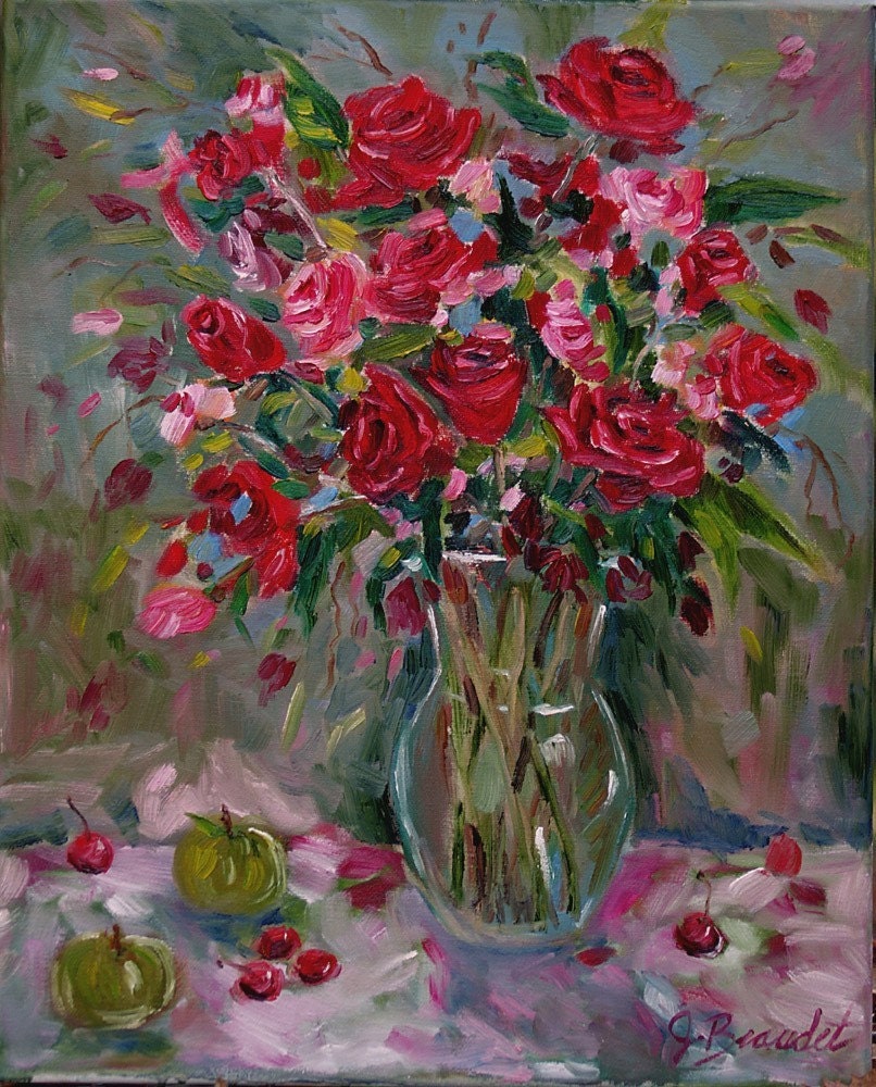 Fine Art Print oil painting Red Roses with Cherries Modern Impressionism