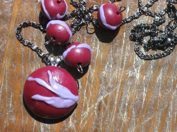 Bordeaux Red and Lavender Polymer Clay Long Necklace