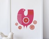Pink daisybird screenprint
