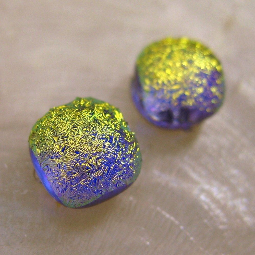 Teeny Tiny Yellow Blue Spot of Light Dichroic Glass Earrings