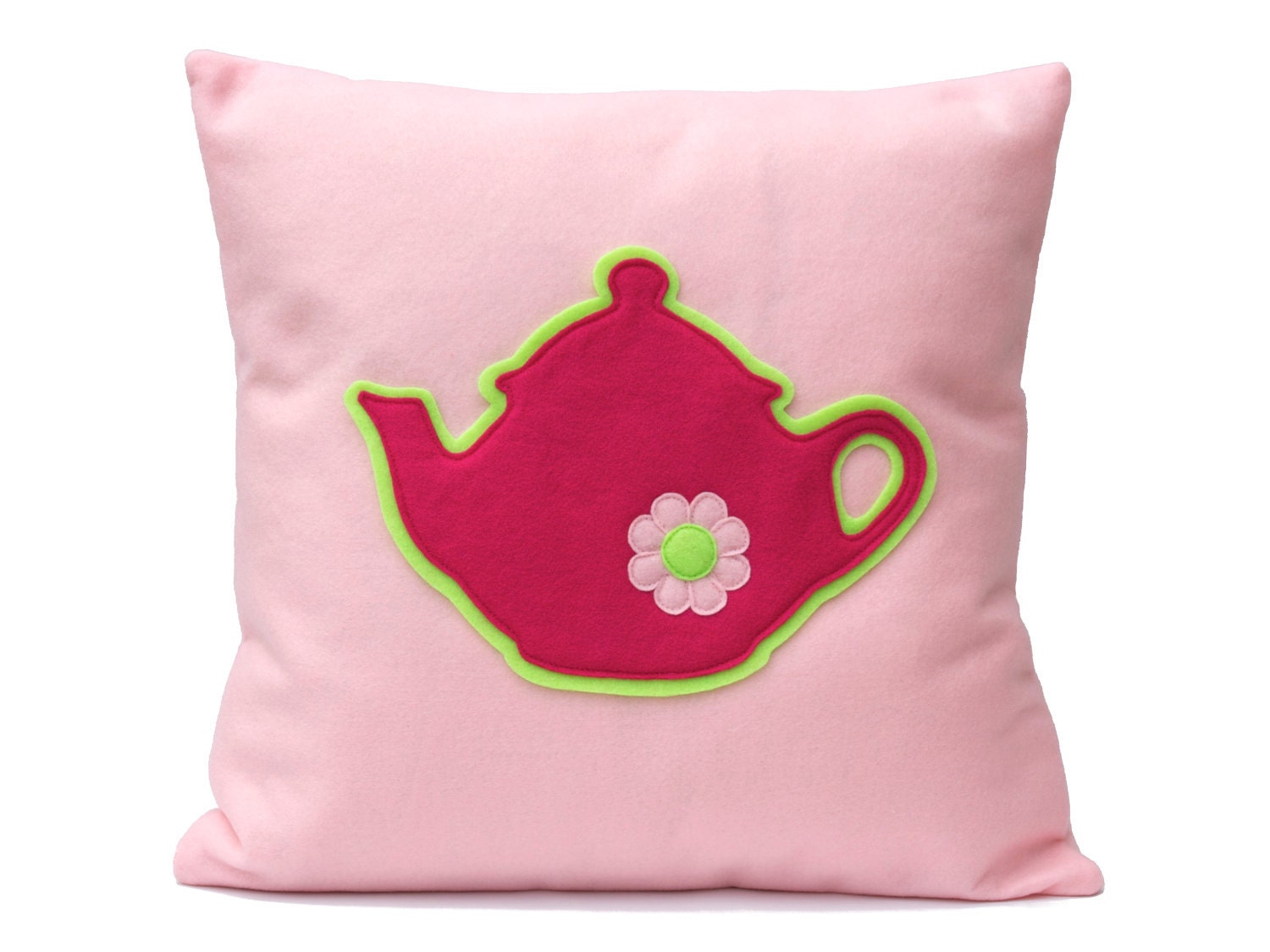 Pink Teapot Eco-Felt Pillow Cover - 18 inches - Baby Pink and Shocking Pink
