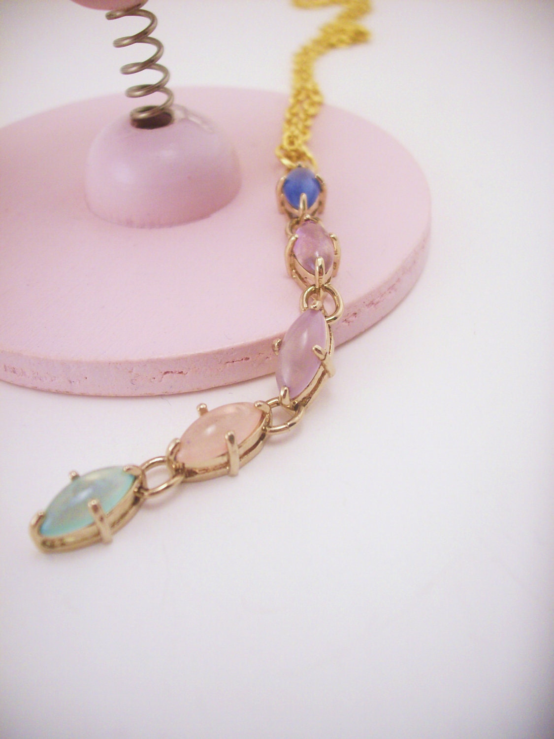 Gold necklace. Mint green, pale beach, lavender, upcycled stones. Colorful, pastel colors. Y necklace style jewelry.