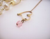Long faux peal necklace. Short floating heart necklace. Set of two. Gold necklaces. Pink Czech glass bead. Vintage pearls.