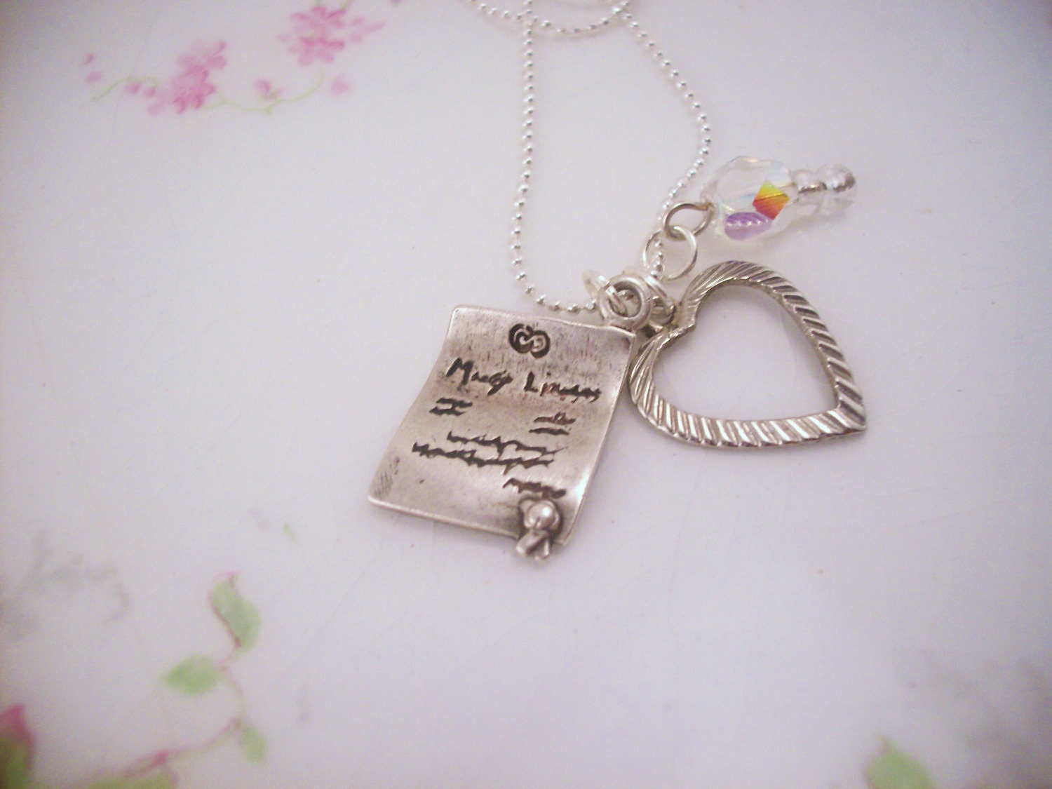 Sterling silver charm necklace, perfect gift for a new bride or anniversary. Vintage heart, marriage license charms, glass bead.
