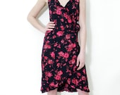 Vintage dress / black and pink floral ruffled summer dress / size S