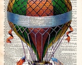 Hot Air Balloon Print - Vintage Book Page Print - Recycled Antique Book Print - Carnival Victorian Steampunk Airship
