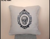 Baroque Skull beige silk screen 16" x 16" throw pillow cover - skull cushion cover, decorative pillow, vintage pillow cover, anatomy pillow