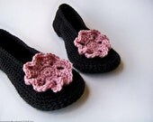 Crochet Slippers with Flower Brooch, Women Slippers, Black Slippers with Pink Flower Brooch - Summer Fashion - Summer Accessories