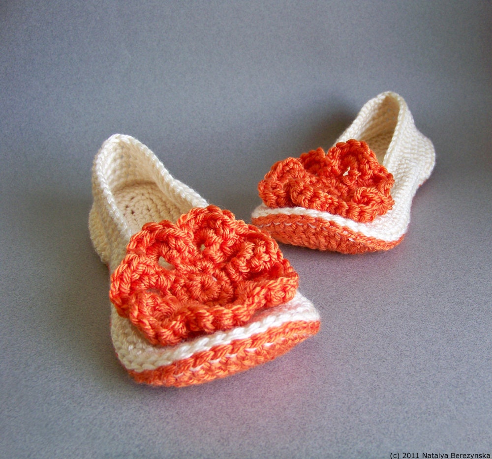 Crochet Slippers, Flower Brooch, Women Slippers, Home Shoes, Custom Color - Tangerine Tango - Summer Fashion - Summer Accessories