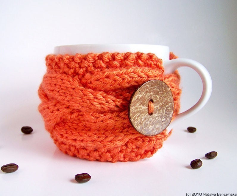Orange Coffee Cup Cozy - Coffee Cup Sleeve - Tea Cosy - Tea Cozy - Mug Cozy - Knit Cup Cozy, Knit Coffee Cozy Bright - Graduation Gift